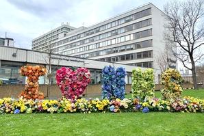 Floral display outside St Thomas' Hospital, flowers spelling out 'I love NHS', created by Early Hours London during the COVID-19 pandemic.