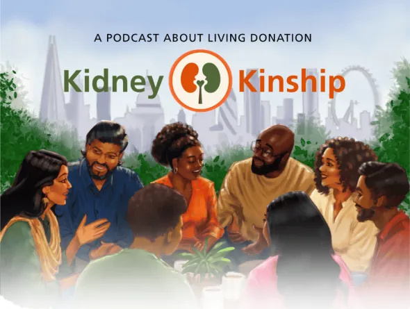 Cover art of Kidney Kinship, a podcast about living donation, sees a diverse group in conversation with a faded London skyline in the background