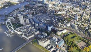 Aerial shot of South Bank, South London, showing both Guy's and St Thomas' Hospital sites and River Thames, London Eye, Westminster, Waterloo Bridge, London Bridge and the Shard