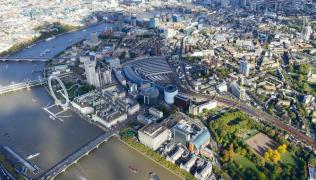 Aerial view of London which shows the River Thames, London Eye, Waterloo Station, St Thomas' Hospital and Guy's Hospital