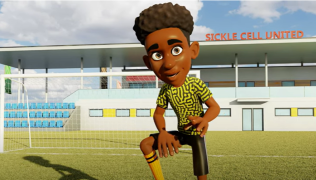 An image from an animation with a boy in a football stadium marked Sickle Cell United. The boy is on the pitch and wears a yellow top with a black pattern, black shorts and and yellow long socks. Behind him is a goal and the seating area for fans.