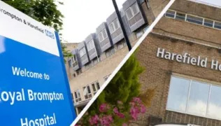 Diagonally split image showing the main entrance to Royal Hospital on the left and Harefield Hospital on the right