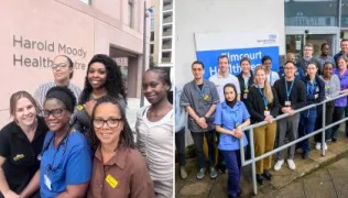 Two large group shots of community staff, in a mix of uniform and own clothes. The first image is outside the Harold Moody Health Centre. The second is outside Elmcourt.