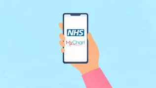 Graphic image of a hand holding a phone that has the NHS and MyChart logos displayed on screen