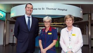 Simon Messinger, Dame Eileen Sills and Jayne King outside St Thomas' Hospital