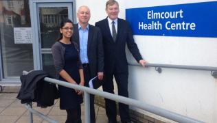 Dr Angela Saha from the @home service with Cllr Jim Dickson and Kris Hopkins (right)
