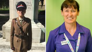 Louise Dewsbury army reservist, side-by-side photos in army and nurse uniform