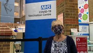 Lyn Wheeler outside the vaccination centre at Guy's Hospital
