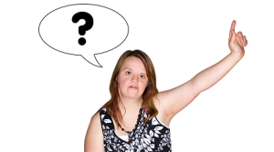A woman holds up a finger to ask a question. A thought bubble and question mark are above her head