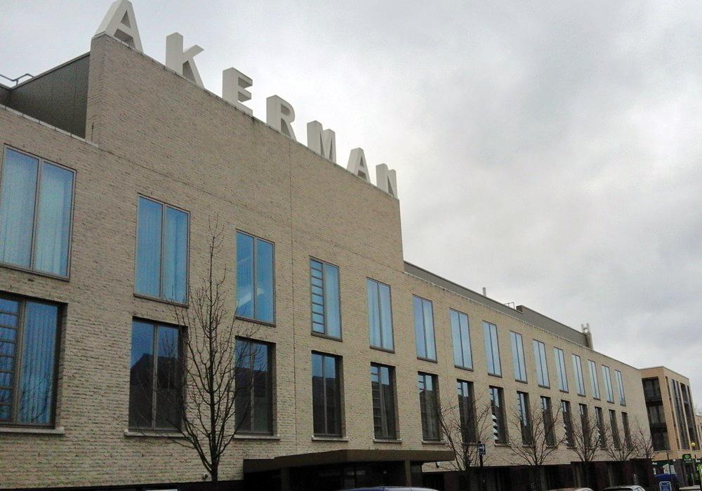 A building with Akerman in large letters on the roof