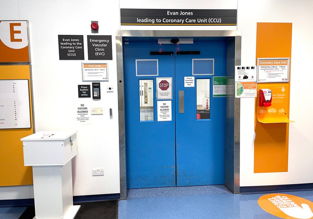 Entrance doors to Evan Jones Coronary Care Unit