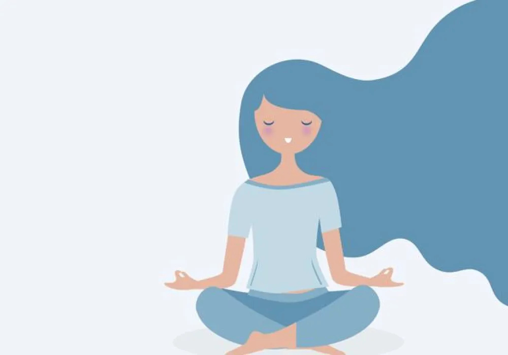 Illustration of a woman sitting cross-legged with her eyes closed, and long blue hair flowing behind her