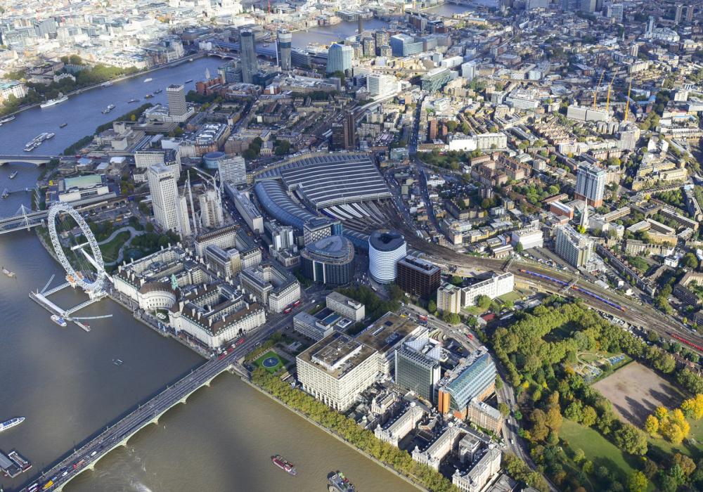 Aerial shot of South Bank, South London, showing both Guy's and St Thomas' Hospital sites and River Thames, London Eye, Westminster, Waterloo Bridge, London Bridge and the Shard
