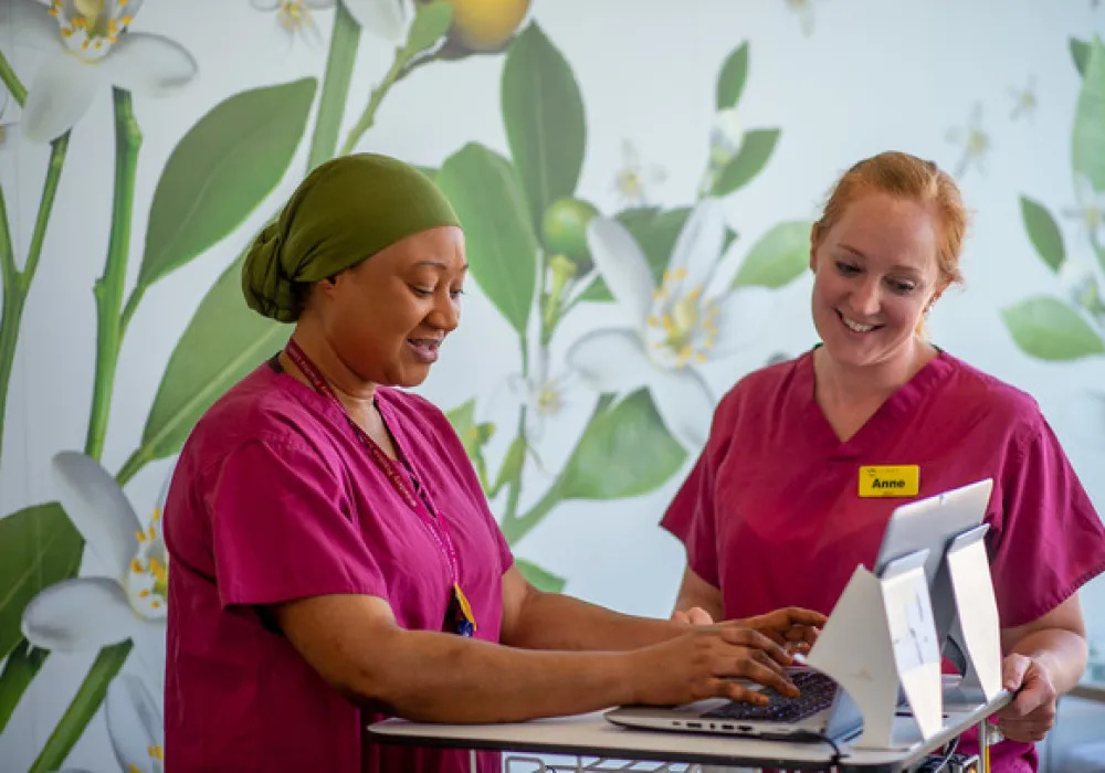 2 midwives looking at computer