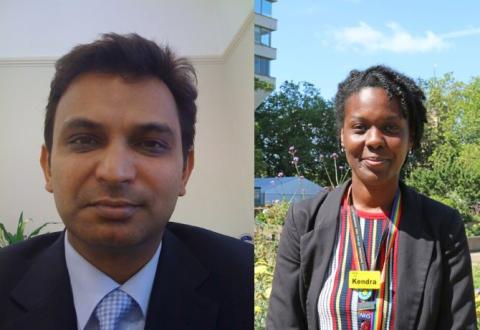 headshot photos of Prof Prokar Dasgupta, who is wearing a dark suit, blue shirt and tie; and Kendra Schneller who is wearing a black jacket and striped top. She is standing in hospital gardens.