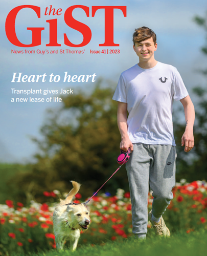 The GiST issue 41 front cover. It has a picture of a boy walking a dog with the text Heart to heart, transplant gives Jack a new lease of life.