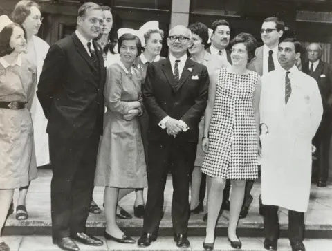 The Harefield Hospital heart transplant team in May 1968 - Donald Ross, cardiothoracic surgeon, centre, with daughter Janet Ross