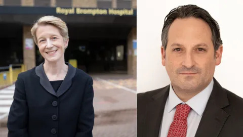 Joint headshots of Amanda Pritchard, wearing a black jacket and top in front of Royal Brompton Hospital; and Lorenzo Garagnani, who is wearing a dark jacket, white shirt and read tie.