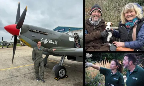 A collage showing heart transplant recipient Mark Bromage with a spitfire airplane, with his wife Sue and dog Reggie, and volunteering in the Harefield Healing Garden