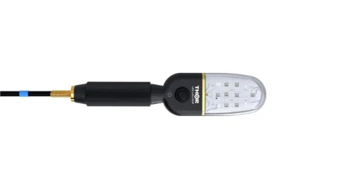 A probe with an oval-shaped head made of clear plastic with LED lights inside. It has a black handle that is attached to a cable.
