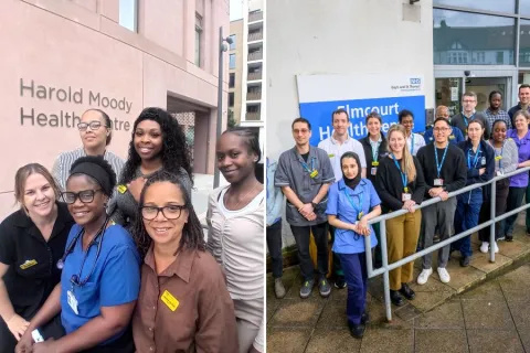 Two photos showing group shots of staff outside community health clinics, wearing a mix of uniform and own clothes. The first is at the Harold Moody health centre, while the second is outside Elmcourt health centre.