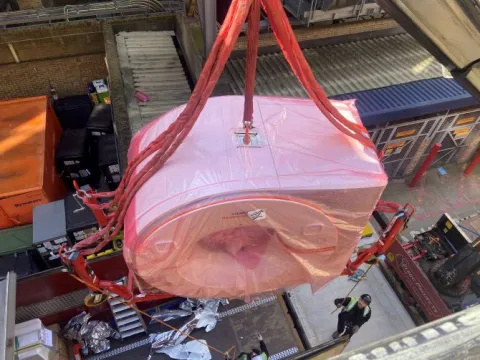 The new Photon CT Scanner being lifted into Royal Brompton Hospital by crane