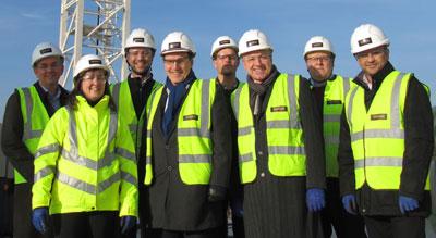 Simon Hughes MP (4th left) on the new Cancer Centre construction site with staff from the Trust project team and building contractors Laing O’Rourke
