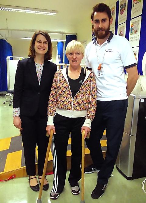 Helen Hayes MP, Julie Dinsdale and specialist physiotherapist Ed Morrison 