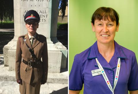Louise Dewsbury army reservist, side-by-side photos in army and nurse uniform