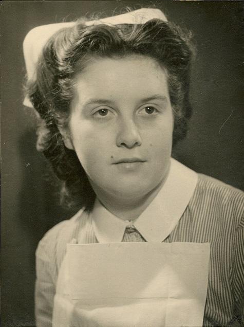 Black and white photo of Grace Jones in nurses uniform