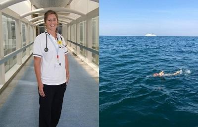 Samantha Poulsen in work clothes next to photo of her swimming the English Channel